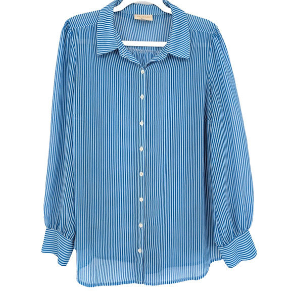 Modcloth‎ Sheer Chiffon Blue Striped Classic Preppy Twee Academia Blouse 1X - Picture 3 of 7